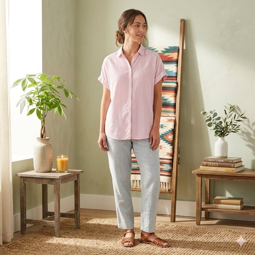 Beach Lunch Lounge Womens L Pink White Stripe Dolman Sleeve Button Up Shirt